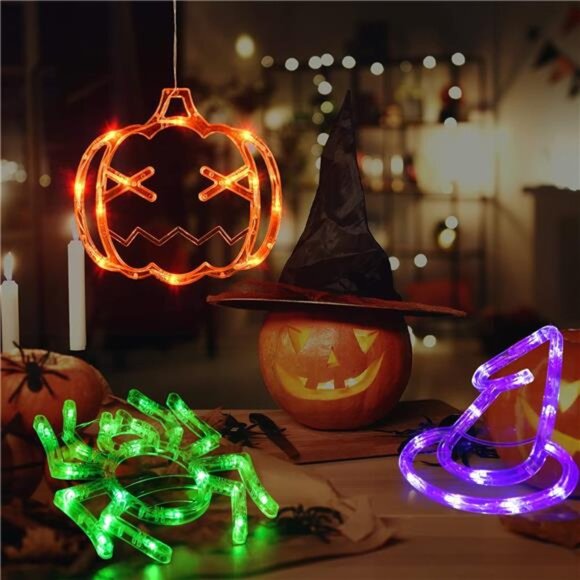 Halloween Decorations 3 Pack Orange Pumpkin Green Spider Purple Witch Hat - Picture 2 of 7